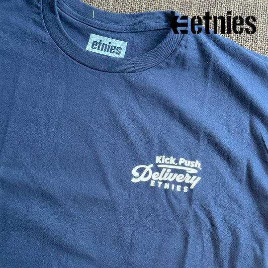 ETNIES T-Shirts KICK PUSH TEE NAVY TAN　サイズ L
